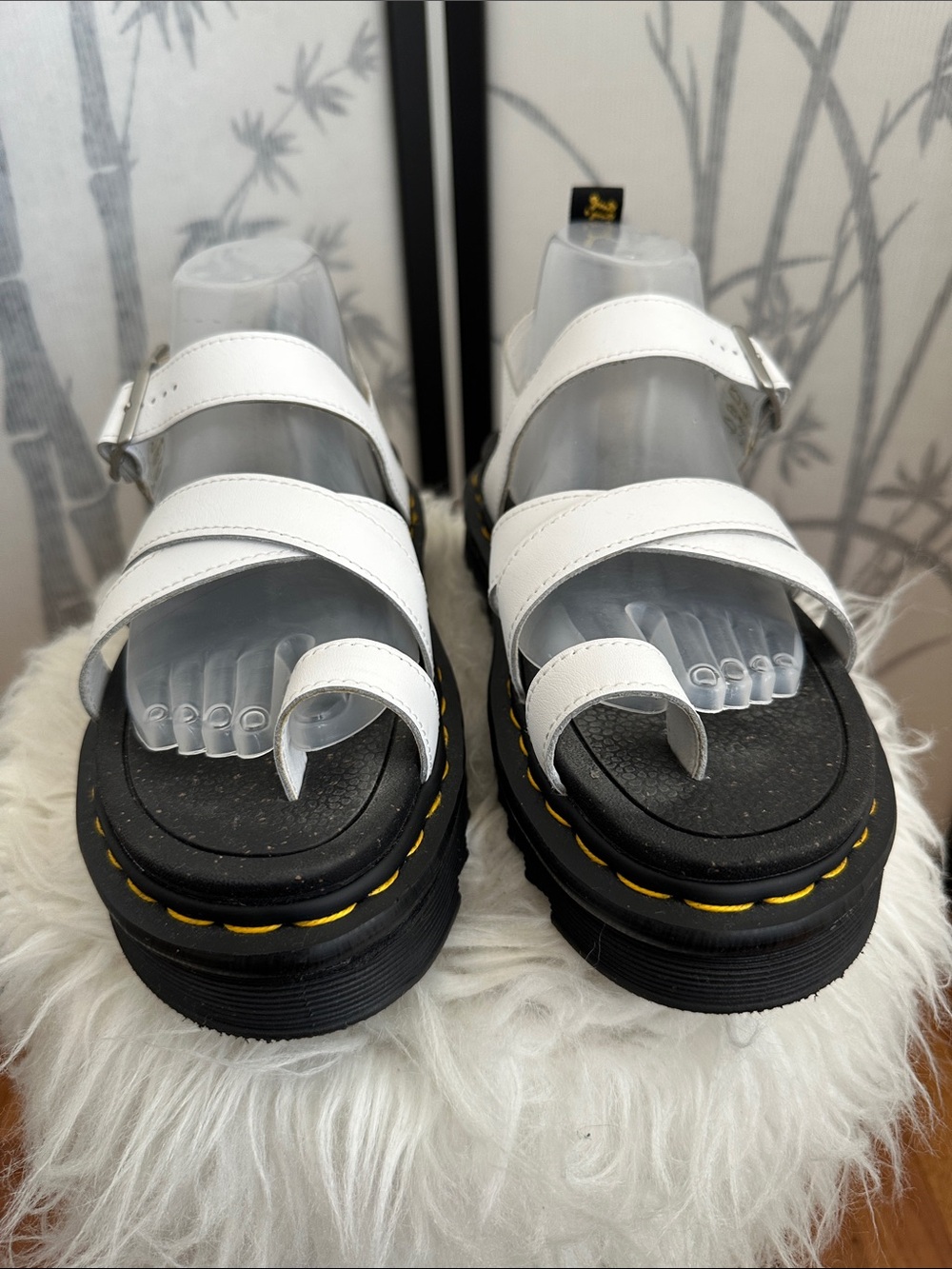 Dr. Martens White Leather Triple-Strap Platform Sandals with Yellow Stitching